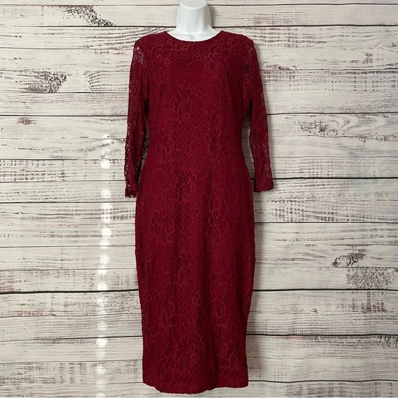 chinese dress ladies True Decadence Burgundy Jenna Peplum-Sleeve Lace Midi Dress main image 1